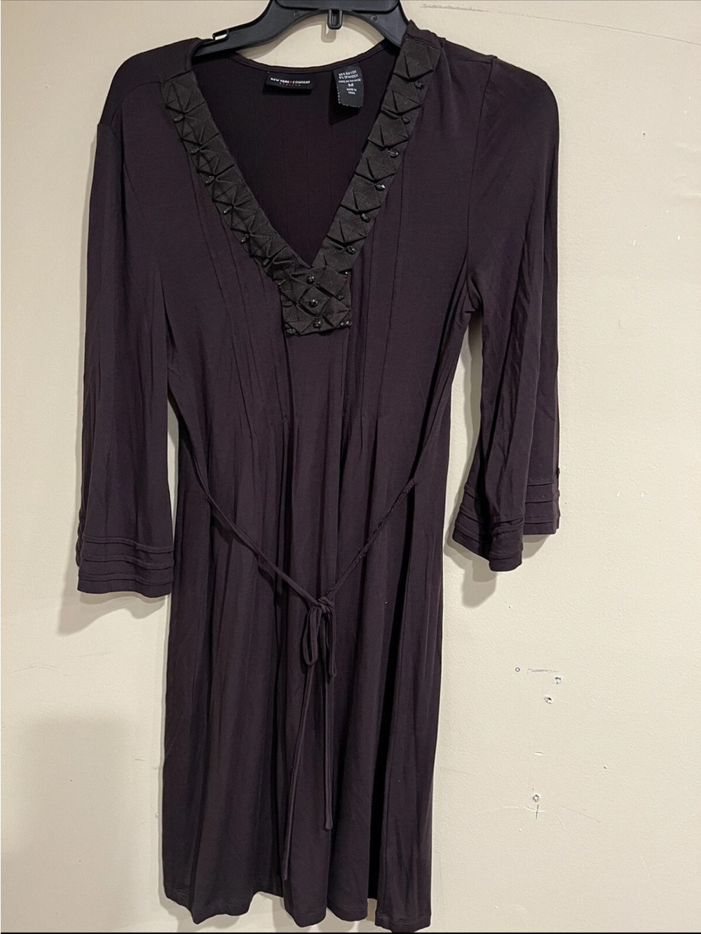 New York & Company Brown Embellished V-Neck Midi Dress